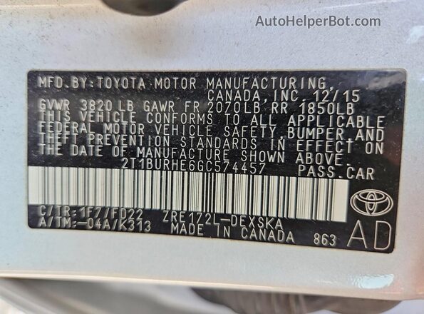 2T1BURHE6GC574457 2016 TOYOTA COROLLA Silver Engine compartment view