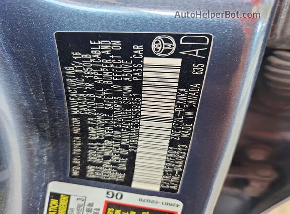 2T1BURHE6GC589251 2016 TOYOTA COROLLA Gray Vista de la etiqueta del VIN