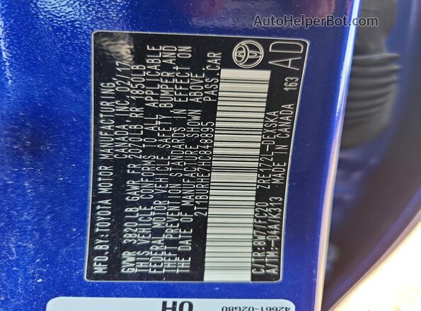 2T1BURHE7HC848895 2017 TOYOTA COROLLA Blue VIN sticker view
