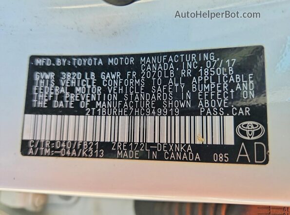 2T1BURHE7HC949919 2017 TOYOTA COROLLA White Widok naklejki z numerem VIN