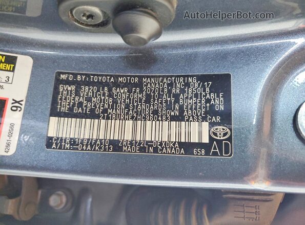 2T1BURHE7HC960483 2017 TOYOTA COROLLA Угольный Вид подкапотного пространства