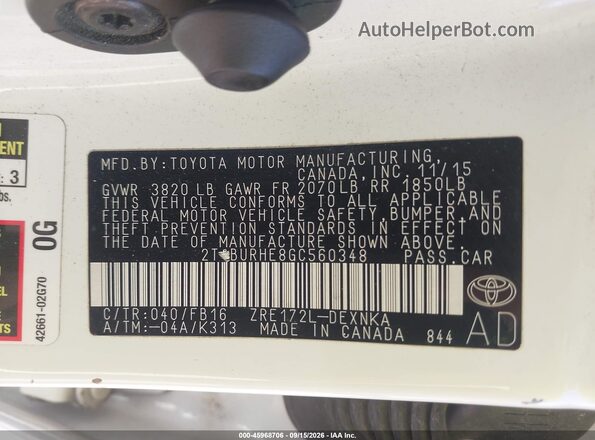 2T1BURHE8GC560348 2016 TOYOTA COROLLA White Engine compartment view