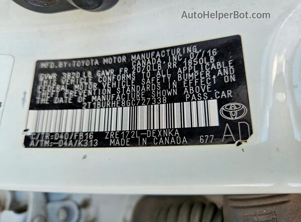 2T1BURHE8GC727338 2016 TOYOTA COROLLA Белый Вид подкапотного пространства
