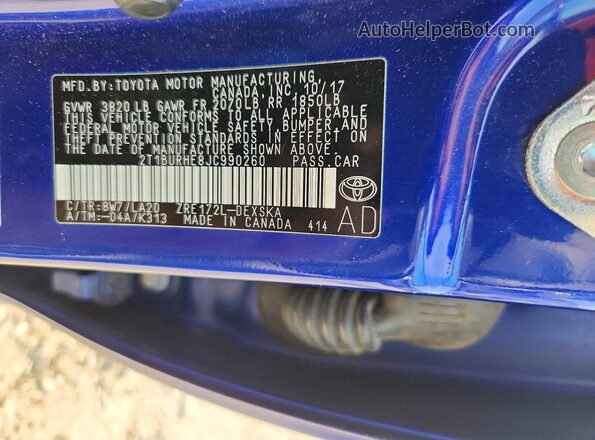2T1BURHE8JC990260 2018 TOYOTA COROLLA Blue VIN կոդի պիտակի տեսք