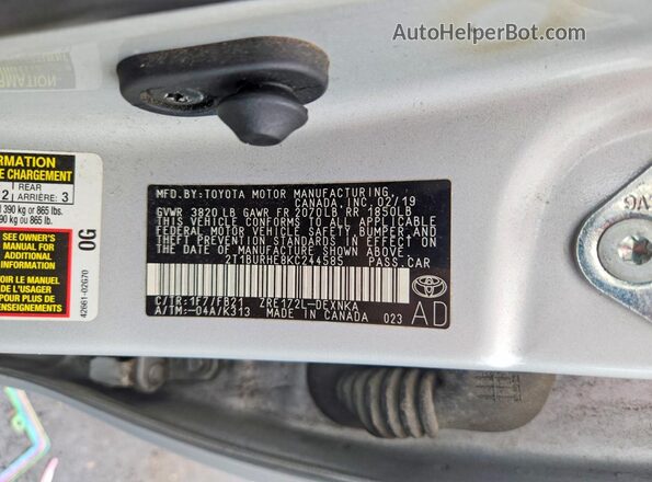 2T1BURHE8KC244585 2019 TOYOTA COROLLA Серебряный Вид наклейки с VIN-кодом