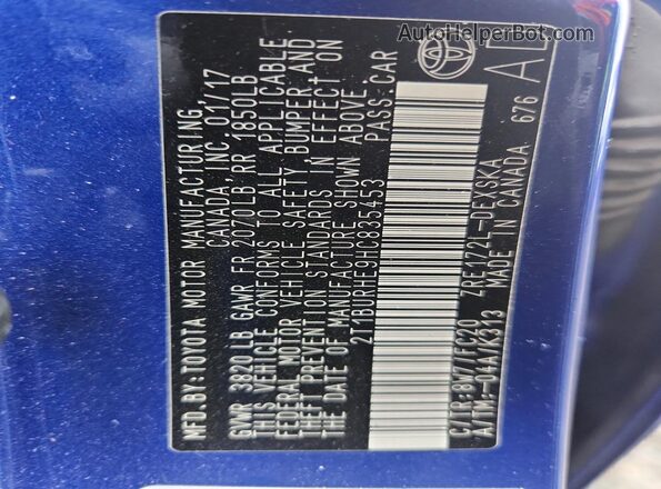 2T1BURHE9HC835453 2017 TOYOTA COROLLA Blue VIN sticker view