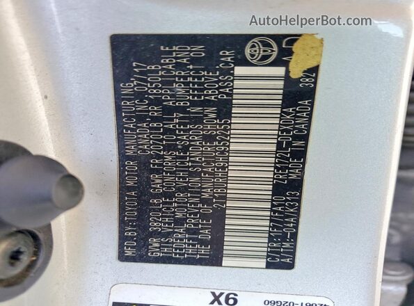 2T1BURHE9HC952255 2017 TOYOTA COROLLA Silver VIN კოდის სტიკერის ხედი