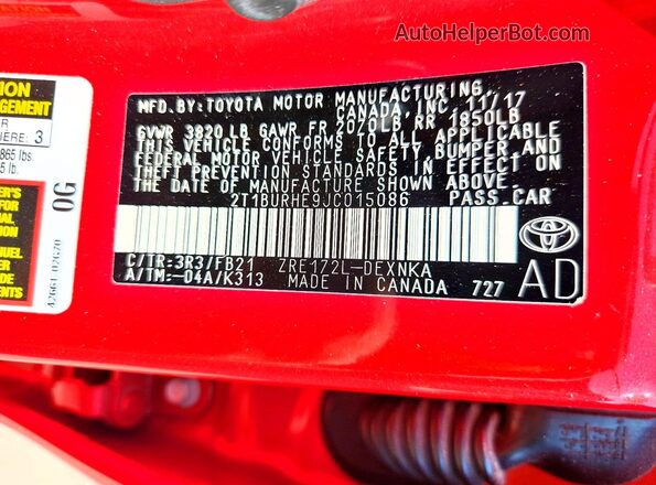 2T1BURHE9JC015086 2018 TOYOTA COROLLA Red Widok komory silnika
