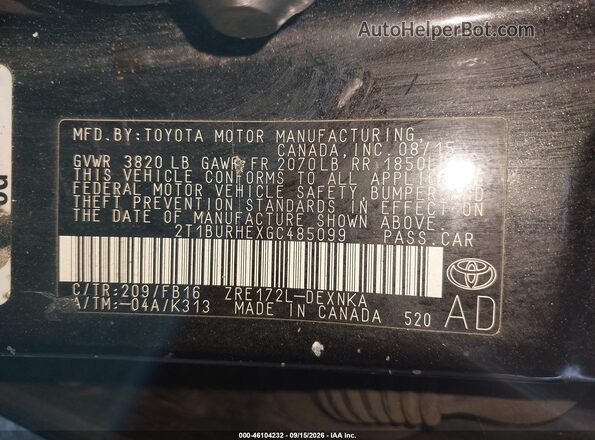2T1BURHEXGC485099 2016 TOYOTA COROLLA Black ძრავის განყოფილების ხედი