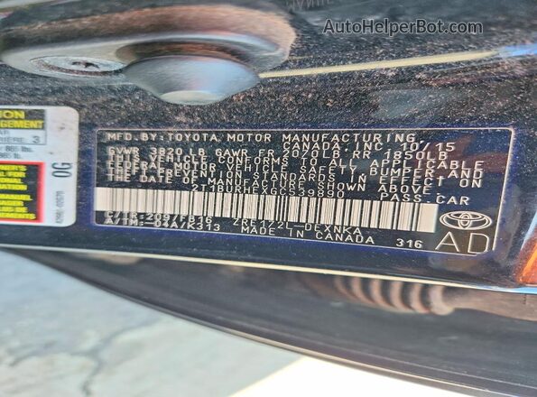 2T1BURHEXGC539890 2016 TOYOTA COROLLA Black Widok komory silnika