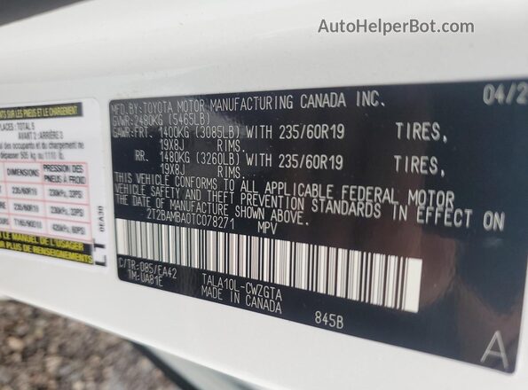 2T2BAMBA0TC078271 2026 LEXUS RX White VIN կոդի պիտակի տեսք