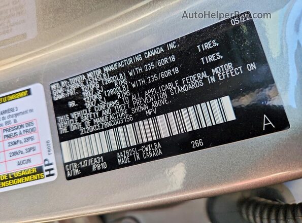 2T2GKCEZ8NC003156 2022 LEXUS NX Silver VIN sticker view