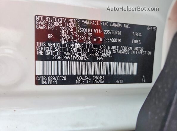 2T36CRAV1TW038174 2026 TOYOTA RAV4 White Vista de la etiqueta del VIN