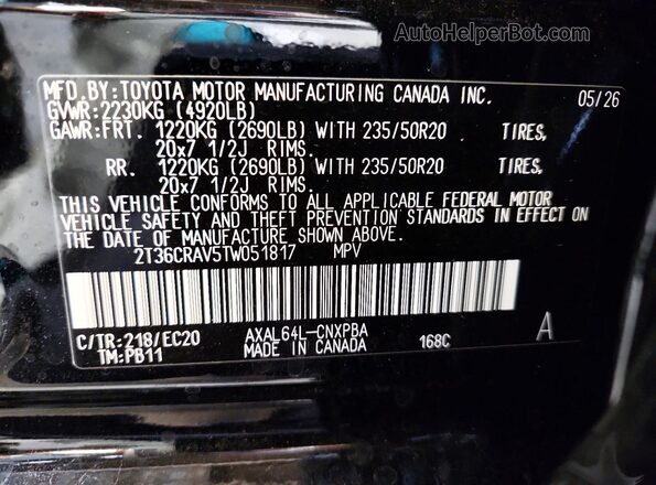 2T36CRAV5TW051817 2026 TOYOTA RAV4 Черный Вид наклейки с VIN-кодом