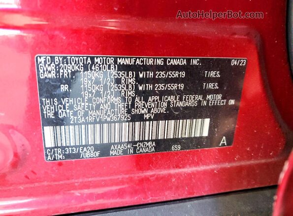 2T3A1RFV1PW367925 2023 TOYOTA RAV4 Burgundy VIN կոդի պիտակի տեսք