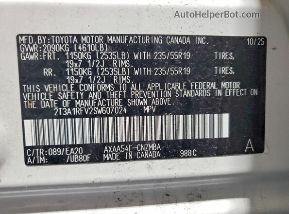 2T3A1RFV2SW607024 2025 TOYOTA RAV4 Белый Вид наклейки с VIN-кодом