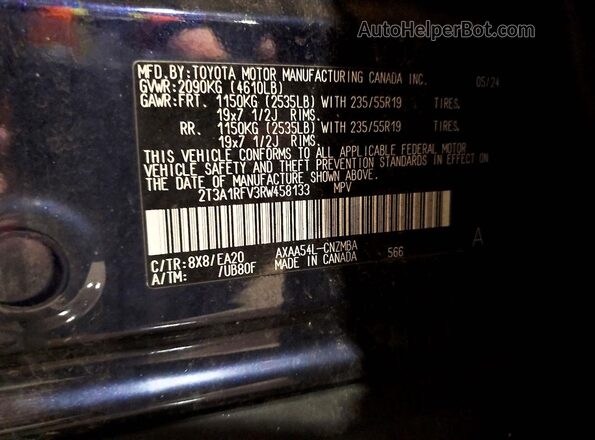 2T3A1RFV3RW458133 2024 TOYOTA RAV4 Blue Widok naklejki z numerem VIN