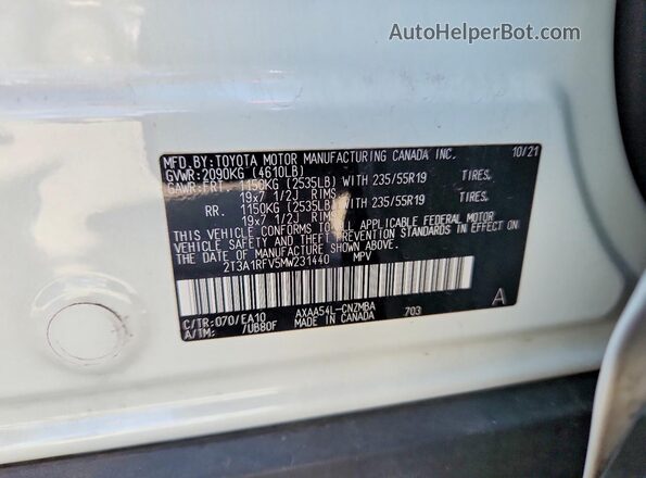 2T3A1RFV5MW231440 2021 TOYOTA RAV4 White VIN կոդի պիտակի տեսք