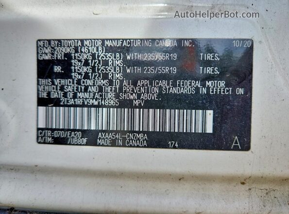 2T3A1RFV9MW148965 2021 TOYOTA RAV4 White Vista de la etiqueta del VIN