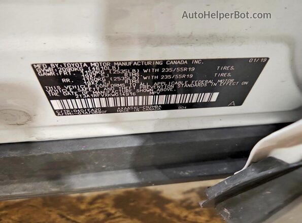 2T3A1RFVXKW014916 2019 TOYOTA RAV4 White 360 interior view