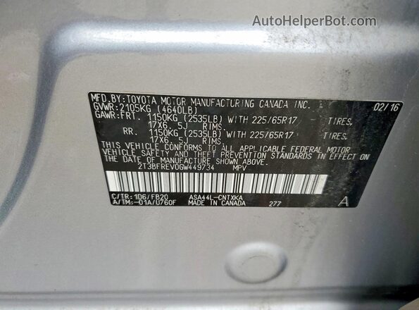 2T3BFREV0GW449734 2016 TOYOTA RAV4 Silver VIN կոդի պիտակի տեսք