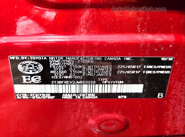 2T3BFREV3JW853229 2018 TOYOTA RAV4 Red Vista de la etiqueta del VIN