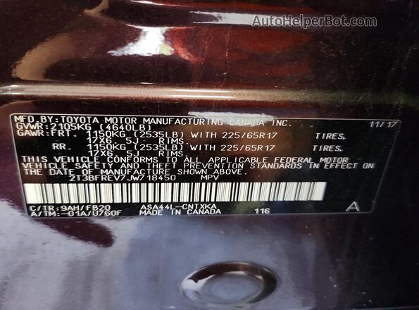 2T3BFREV7JW718450 2018 TOYOTA RAV4 Purple VIN sticker view