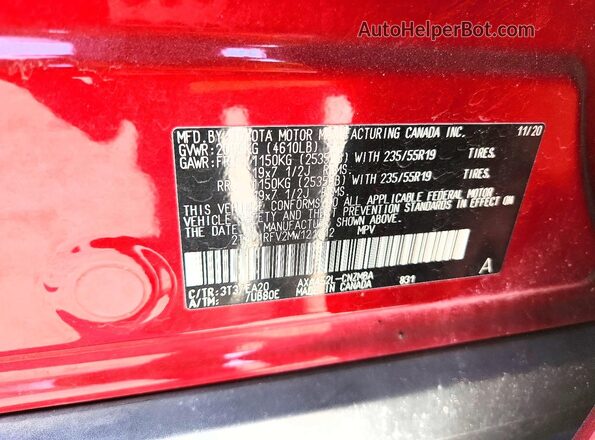 2T3C1RFV2MW121812 2021 TOYOTA RAV4 Burgundy Vista de la etiqueta del VIN