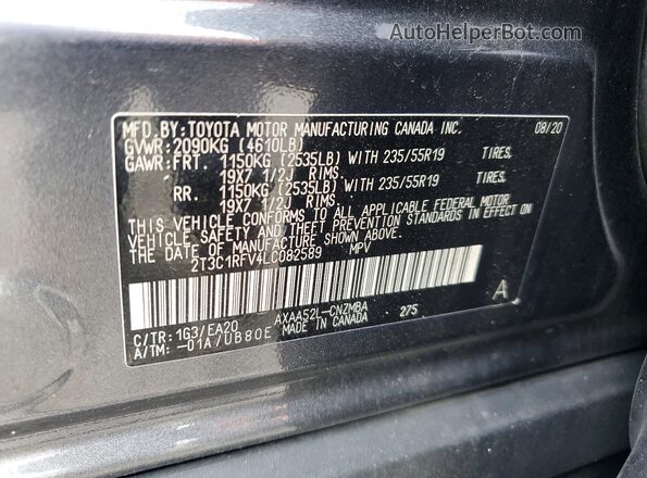 2T3C1RFV4LC082589 2020 TOYOTA RAV4 Gray VIN კოდის სტიკერის ხედი