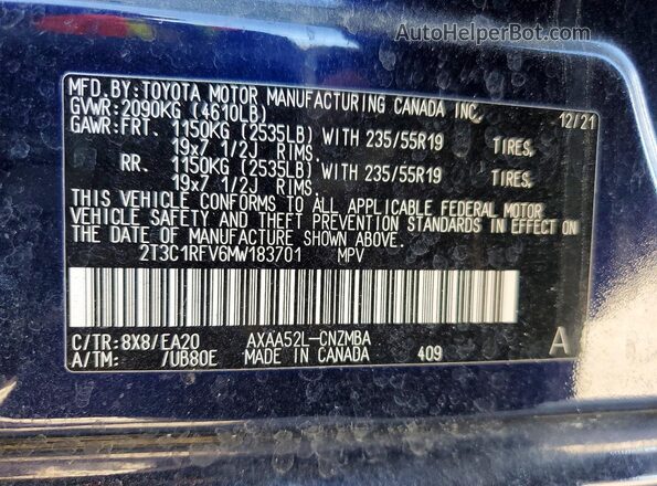 2T3C1RFV6MW183701 2021 TOYOTA RAV4 Blue 360 interior view