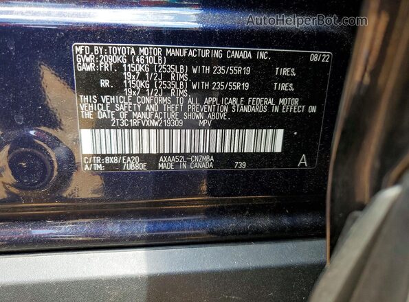 2T3C1RFVXNW219309 2022 TOYOTA RAV4 Blue VIN კოდის სტიკერის ხედი