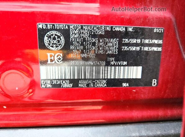 2T3D1RFV4MW174709 2021 TOYOTA RAV4 Maroon Widok naklejki z numerem VIN