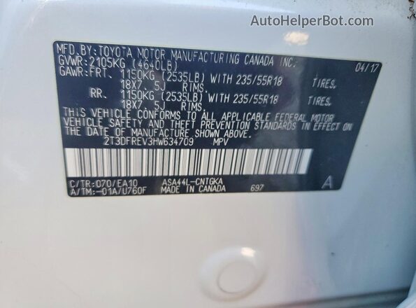 2T3DFREV3HW634709 2017 TOYOTA RAV4 White VIN კოდის სტიკერის ხედი