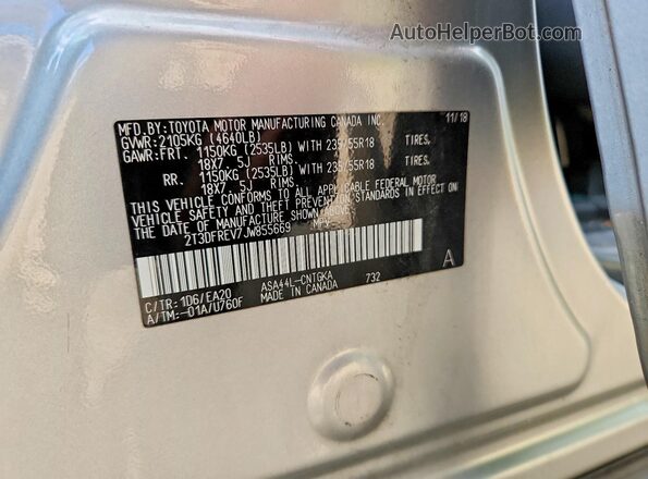 2T3DFREV7JW855669 2018 TOYOTA RAV4 Silver Vista de la etiqueta del VIN