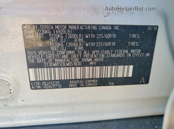 2T3EWRFV3LW051830 2020 TOYOTA RAV4 White VIN sticker view