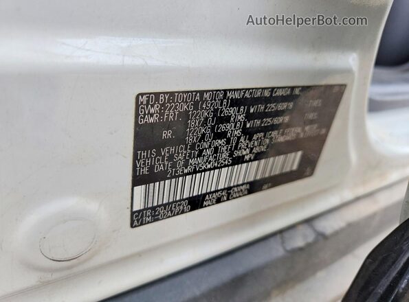 2T3EWRFV5KW042545 2019 TOYOTA RAV4 White VIN sticker view