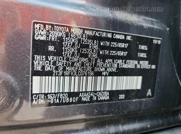 2T3F1RFV3LC076196 2020 TOYOTA RAV4 Gray Widok naklejki z numerem VIN