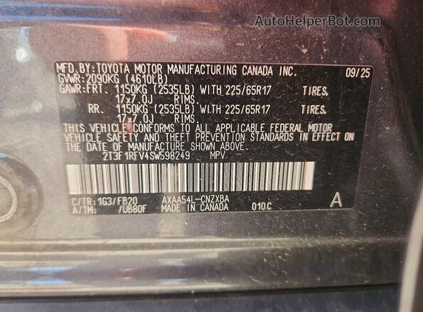 2T3F1RFV4SW598249 2025 TOYOTA RAV4 Gray Вид наклейки з VIN-кодом