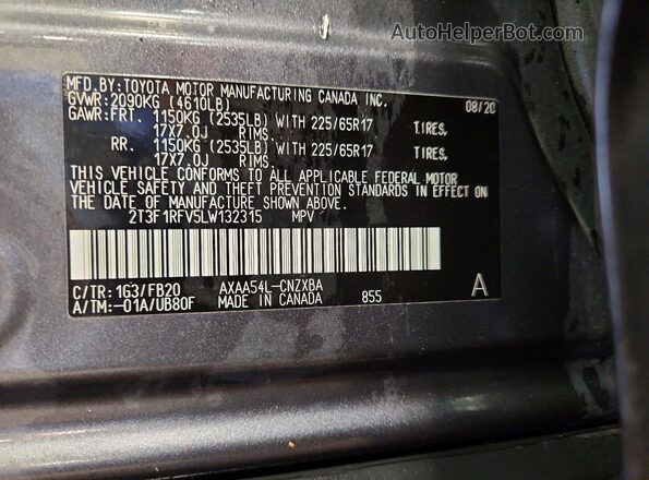 2T3F1RFV5LW132315 2020 TOYOTA RAV4 Black VIN კოდის სტიკერის ხედი