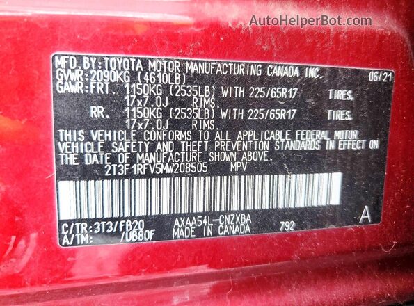 2T3F1RFV5MW208505 2021 TOYOTA RAV4 Burgundy 360 interior view