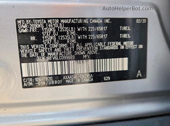 2T3F1RFV6LC099889 2020 TOYOTA RAV4 Серебряный Панорамный вид салона 360°