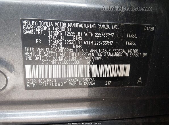 2T3F1RFV7LC085693 2020 TOYOTA RAV4 Black Vista del compartimento del motor