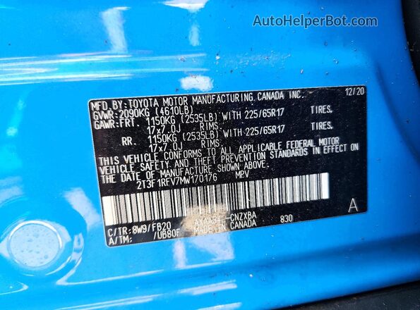 2T3F1RFV7MW170176 2021 TOYOTA RAV4 Синий Вид наклейки с VIN-кодом