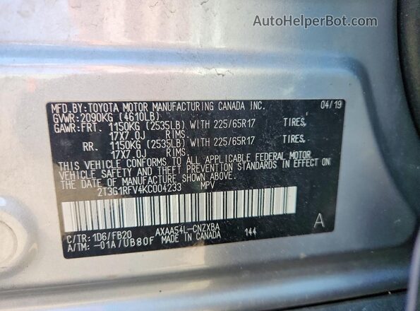 2T3G1RFV4KC004233 2019 TOYOTA RAV4 Silver Սալոնի 360 աստիճան տեսք