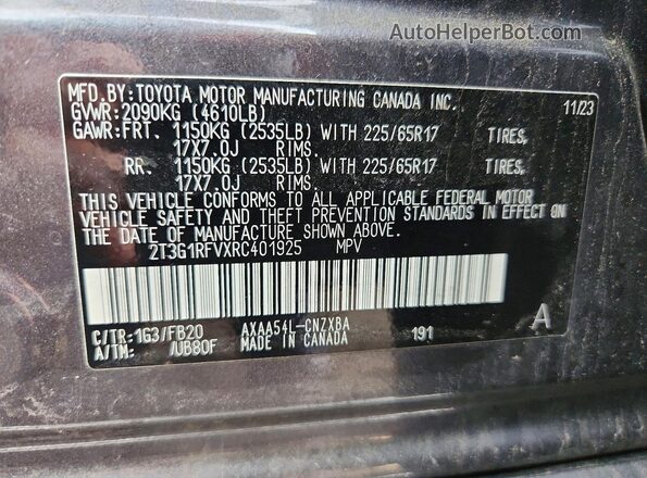 2T3G1RFVXRC401925 2024 TOYOTA RAV4 Gray VIN կոդի պիտակի տեսք