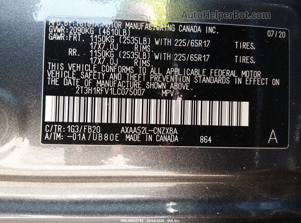2T3H1RFV1LC075007 2020 TOYOTA RAV4 Gray Vista del compartimento del motor