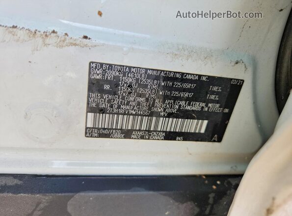 2T3H1RFV1MW144567 2021 TOYOTA RAV4 White VIN კოდის სტიკერის ხედი