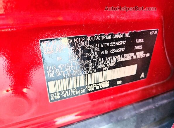 2T3H1RFV3LC039836 2020 TOYOTA RAV4 Red VIN sticker view