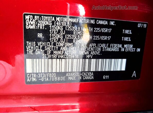 2T3H1RFV4KC019416 2019 TOYOTA RAV4 Burgundy Vista del compartimento del motor