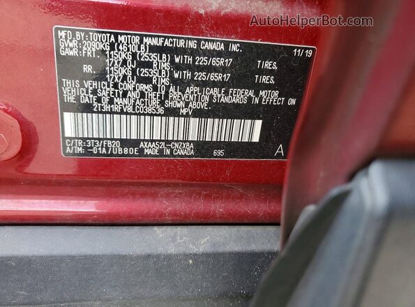 2T3H1RFV8LC038536 2020 TOYOTA RAV4 Темно-бордовый Вид наклейки с VIN-кодом